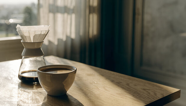 Enjoying a serene morning coffee ritual with warm sunlight illuminating the tabletop