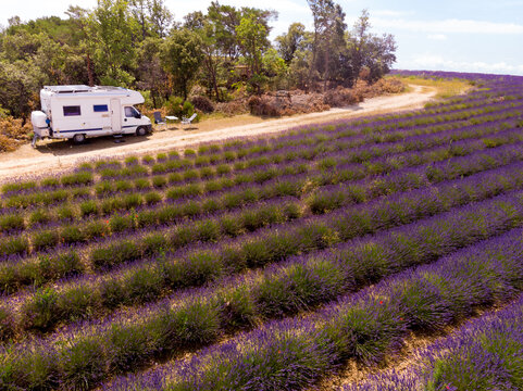 Caravan at lavender field, Provence in France. Aerial view