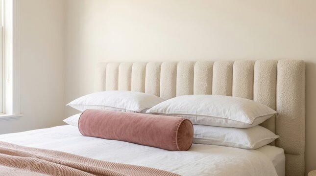 Cream channel-tufted headboard with white pillows and a dusty pink velvet bolster in a bright minimalist bedroom. Soft neutral bedding and interior design