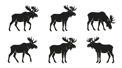 Fototapeta premium Set of moose silhouettes in various poses on white background