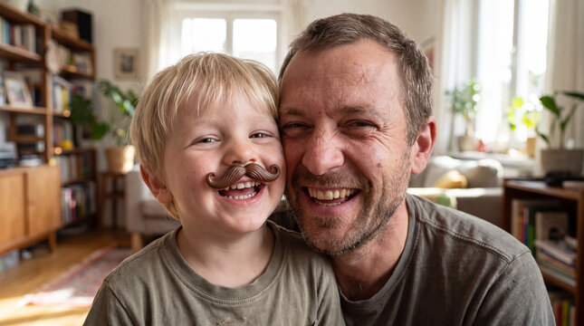 A joyful toddler sticks a fake mustache on his father at home for Movember, sharing laughter and love in a family health awareness campaign.