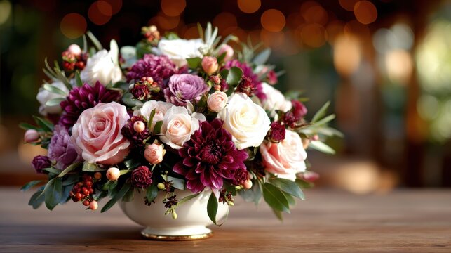 A stunning floral arrangement featuring roses, dahlias, and other blooms in a classic bowl, bringing vibrant colors and a touch of elegance to any table setting.