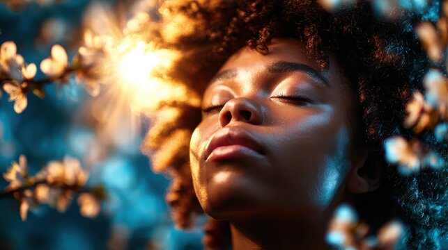 A serene woman with curly hair is surrounded by delicate blossoms and bright sunlight, portraying tranquility, beauty, and a deep connection with nature.
