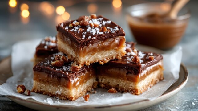 Tempt your taste buds with these delicious layered dessert squares featuring a rich chocolate topping, luscious caramel, and a sprinkle of sea salt, perfect for indulgence.
