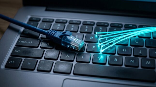 An ethernet cable and glowing fiber optic strands lie across the illuminated keyboard of a modern laptop, representing high speed internet connectivity and modern communication technology