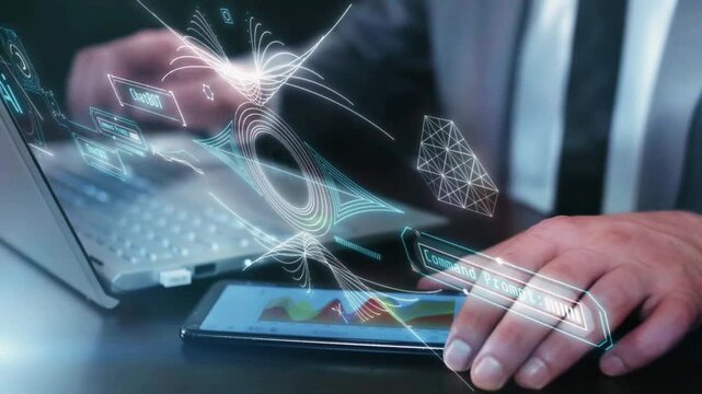 Businessman Using Laptop and Smartphone with AI Digital Technology Hologram Overlay