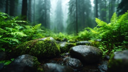 Fototapeta premium A serene forest scene unfolds with moss-covered stones amidst lush greenery, capturing nature's beauty and tranquility in a misty environment perfect for outdoor experiences.