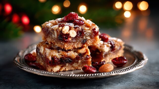 Delicious baked treats stacked elegantly with nuts and berries weave together festive flavors and textures, capturing the essence of holiday celebrations and shared moments.