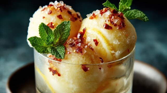 A refreshing bowl of lemon sorbet garnished with mint leaves and a sprinkle of chili, combining vibrant citrus flavors with a unique twist that tantalizes the taste buds.