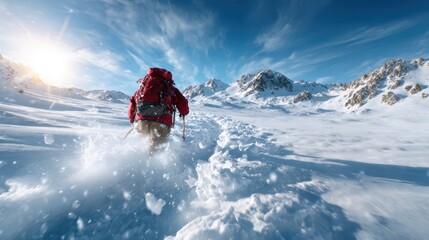 Fototapeta premium A lone adventurer clad in red gear trekking through a pristine snowy landscape, capturing the essence of exploration and the beauty of nature in a winter wonderland.