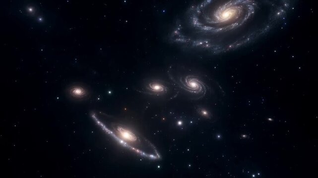 Slow tracking motion pan zoom of spiral galaxies rotating and drifting in deep space galaxy cluster background