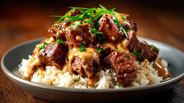 A delicious serving of tender beef chunks on a bed of steamed rice, topped with a rich, flavorful brown sauce and garnished with fresh herbs, creating a mouthwatering dish.
