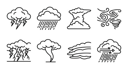 Obraz premium Weather Icons Set: Storms, Clouds, Rain, Wind, Tornado, Lightning, Thunderstorm