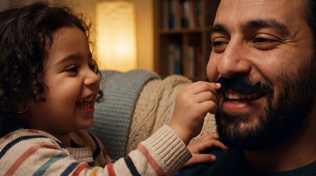 Close-up of a laughing toddler carefully placing a fake mustache on her father's lip for Movember men's health awareness campaigns.