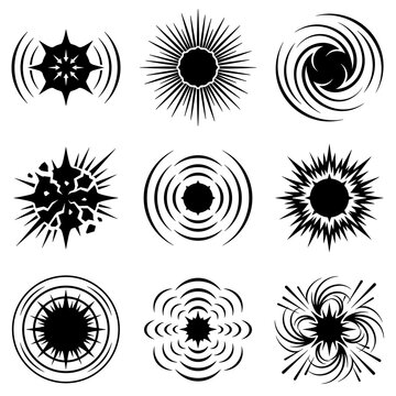 Collection of nine black vector icons representing star implosions, supernova explosions, radial shockwaves, cosmic vortexes, and energy bursts isolated on a white background for graphic design.