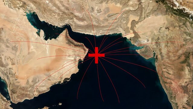 Satellite map view of the gulf of aden and bab el mandeb strait with red marker point