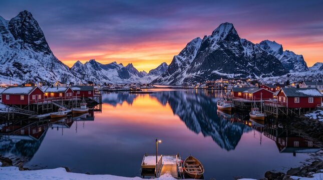 Sunset over snowy Lofoten fishing village with red cabins