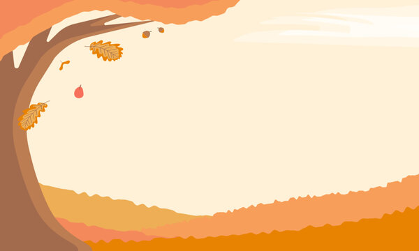 Autumn landscape with oak tree and falling leaves. Flat vector illustration with copy space. Seasonal banner, nature background, web header, poster template.