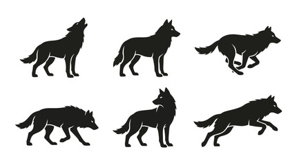 Obraz premium Set of six black wolf silhouettes in different poses