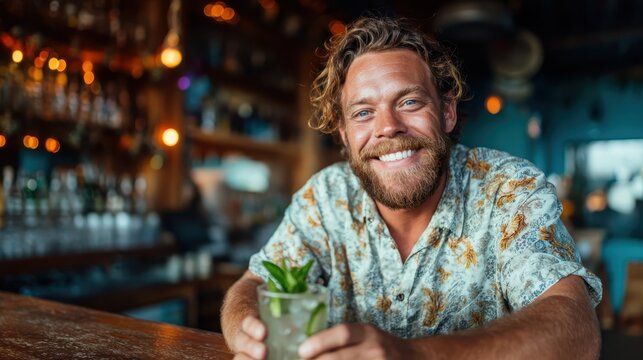 A smiling bartender poses in a vibrant bar setting, holding a fresh cocktail and exuding warmth, showcasing the lively atmosphere and connection between people and drinks.