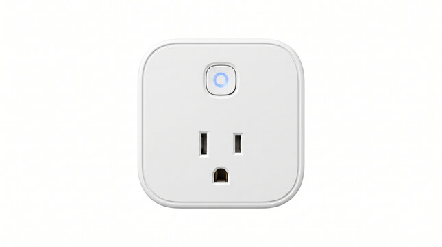 Smart plug wifi adapter for home automation, white electrical outlet socket with power button, wireless smart home device on white background