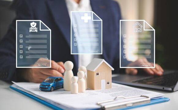 Insurance contracts with businessperson reviewing family house and car protection plans representing bundled coverage risk management financial security policy comparison and future planning.