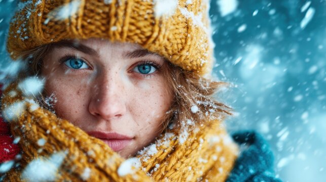 A stunning portrait of a woman in a thick knitted hat captures the essence of winter beauty, with soft falling snow creating a magical and serene atmosphere around her.
