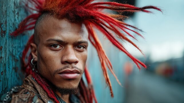 A striking portrait of a man showcasing a bold red mohawk hairstyle against an urban backdrop symbolizes individuality and the vibrant expression of modern street culture.