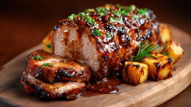 An enticing image of a beautifully glazed roast served alongside grilled pineapple, showcasing the perfect blend of flavors on a rustic wooden platter.