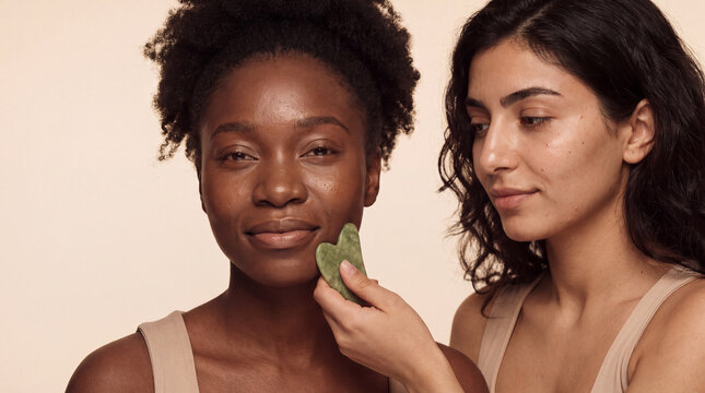 Two young women, Black and Middle Eastern, share a calm gua sha moment for a National Healthy Skin Month website header.