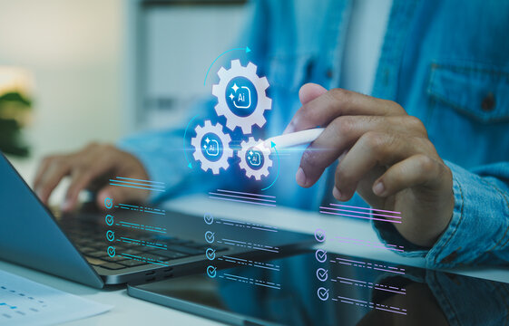 AI workflow automation with person using stylus laptop and digital checklist interface to streamline tasks optimize processes improve productivity and support intelligent business operations.