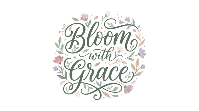 Bloom with Grace: pastel floral wreath with elegant script typography for feminine branding, spring decor, and inspirational quotes