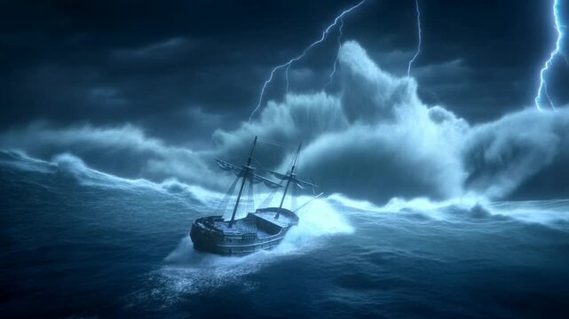 Tracking shot of wooden sailing ship battling towering waves and lightning while pitching through stormy open ocean at night