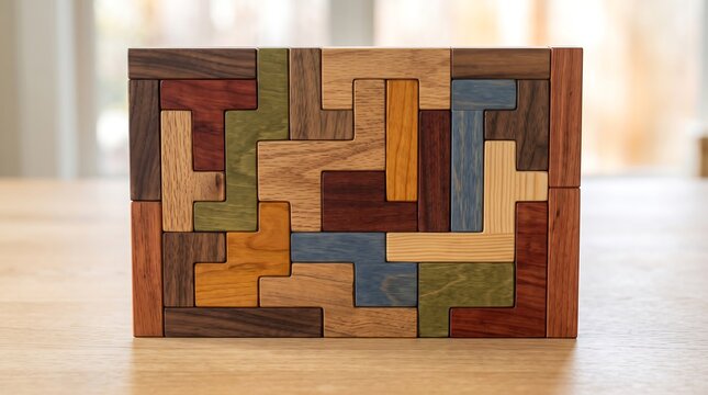 A colorful handcrafted wooden jigsaw puzzle consisting of interlocking geometric block pieces arranged in a rectangular frame on a wooden surface