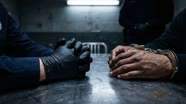 Low-angle view of a police officer's clenched gloved hands across a metal desk from a handcuffed suspect in a dark police interrogation room.