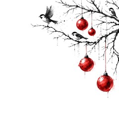 Fototapeta premium Red Baubles Swaying As A Bird Takes Flight From Winter Branch