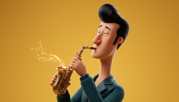 Smooth jazz musician plays saxophone in a stylized character design with bright background