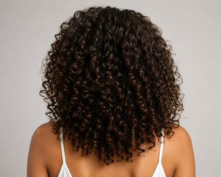 Curly hair viewed from behind a close up portrait with a neutral gray backdrop