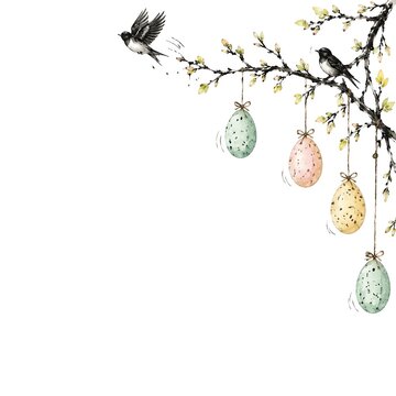 Pastel Eggs Swaying From Top Right Branch As Bird Takes Flight