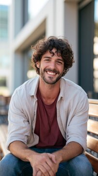 Smiling man sitting on bench outdoors