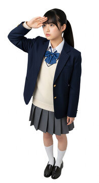 手のひらを眉に乗せて遠くを覗き込む仕草の女子高生