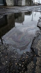 Obraz premium Vertical street puddle with rainbow oil film reflecting industrial buildings for environmental awareness background and poster design