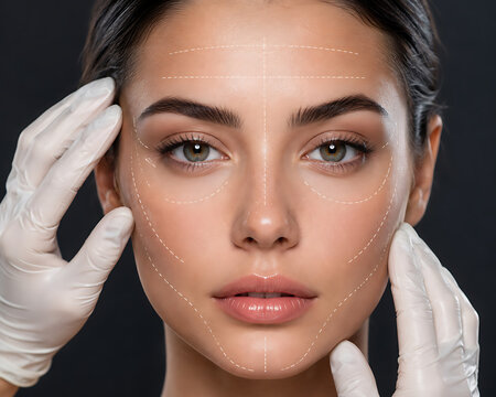 Woman s face marked with lines for cosmetic surgery planning close up portrait