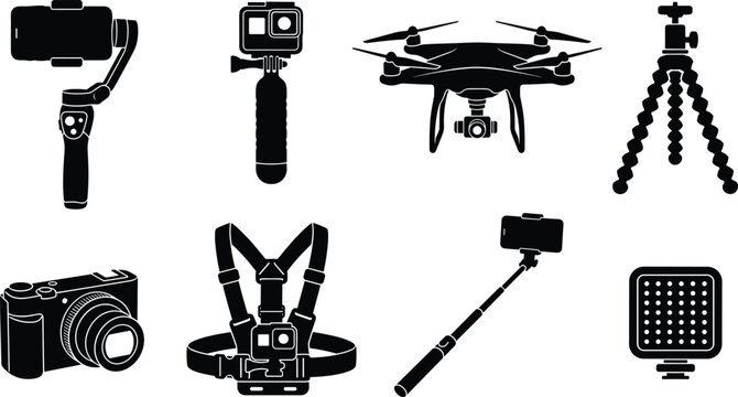Vlogging equipment and videography camera gear black silhouette vector bundle isolated on white background