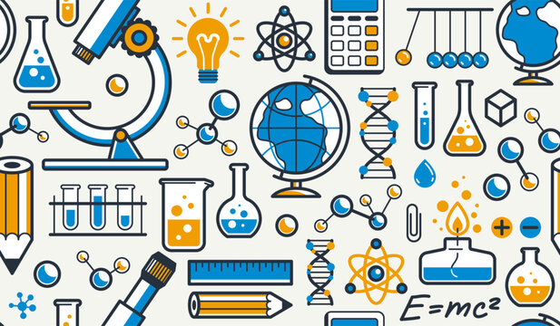 Science seamless background, vector tiling endless repeat pattern of different sciences like chemistry and physics, geography and math, elements easy to use separately as an icons or illustrations.