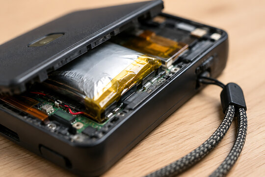 Disassembled portable power bank reveals internal circuitry and lithium polymer battery disassembly