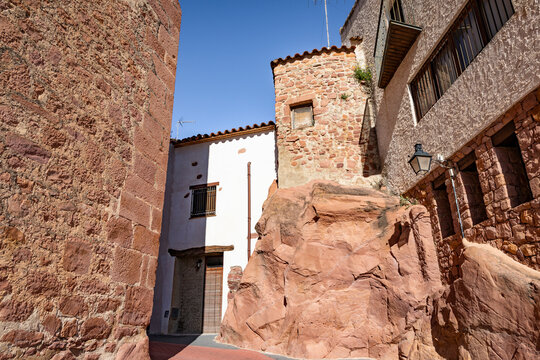 narrow street in the old town of Vilafames, comarca of Plana Alta, province of Castellon, Valencian Community, Spain