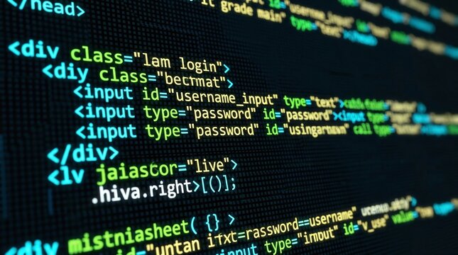 Close-up of computer programming code on screen featuring login form HTML tags and web development syntax