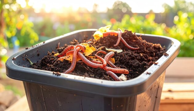 Worms in black compost bin with organic matter.