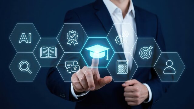 Businessman touching a digital education interface with graduation cap and learning symbols in a modern virtual technology environment